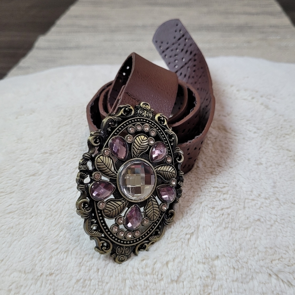 Vintage style brass bejeweled belt